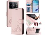 Custodia In Pelle Per Realme GT3, Dolce Gatto Custodia Flip Con Funzione Stand E Portafoglio Rosa