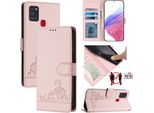 Custodia In Pelle Per Samsung Galaxy A21S, Dolce Gatto Custodia Flip Con Funzione Stand E Portafoglio Rosa