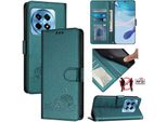 Custodia In Pelle Per Oneplus Ace 3 /Oneplus 12R, Dolce Gatto Custodia Flip Con Funzione Di Supporto E Portafoglio Verde
