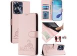Custodia In Pelle Per Realme C55 /Realme Narzo N55, Dolce Gatto Custodia Flip Con Funzione Stand E Portafoglio Rosa