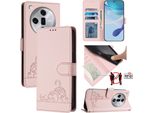 Custodia In Pelle Per Oppo Find X7, Dolce Gatto Custodia Flip Con Funzione Stand E Portafoglio Rosa