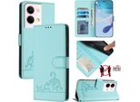 Custodia In Pelle Per Oppo Reno9 / Reno9 Pro, Dolce Gatto Flip Caso Con Funzione Di Stand E Portafoglio Verde Chiaro