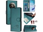 Custodia In Pelle Per Realme 12 Pro/Realme 12 Pro+, Dolce Gatto Custodia Flip Con Funzione Stand E Portafoglio Verde