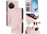 Custodia In Pelle Per Oneplus 12, Dolce Gatto Custodia Flip Con Funzione Stand E Portafoglio Rosa