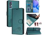 Custodia In Pelle Per Tcl 30 /Tcl 30 5G /Tcl 30+, Dolce Gatto Custodia Flip Con Funzione Stand E Portafoglio Verde