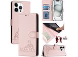 Custodia In Pelle Per Iphone 14 Pro Max, Dolce Gatto Custodia Flip Con Funzione Stand E Portafoglio Rosa