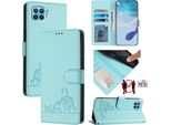 Custodia In Pelle Per Oppo F17 Pro, Dolce Gatto Custodia Flip Con Funzione Stand E Portafoglio Verde Chiaro