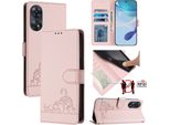 Custodia In Pelle Per Oppo Reno8 T 4G, Dolce Gatto Custodia Flip Con Funzione Stand E Portafoglio Rosa
