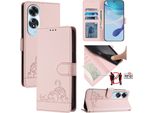 Custodia In Pelle Per Oppo A60, Dolce Gatto Custodia Flip Con Funzione Stand E Portafoglio Rosa