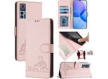 Custodia In Pelle Per Tcl 30 /Tcl 30 5G /Tcl 30+, Dolce Gatto Custodia Flip Con Funzione Stand E Portafoglio Rosa