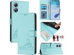 Custodia In Pelle Per Oppo A17 / A17K, Dolce Gatto Custodia Flip Con Funzione Stand E Portafoglio Verde Chiaro