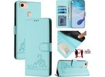 Custodia In Pelle Per Oppo F17, Dolce Gatto Custodia Flip Con Funzione Stand E Portafoglio Verde Chiaro