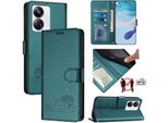 Custodia In Pelle Per Realme 10 Pro+, Dolce Gatto Custodia Flip Con Funzione Stand E Portafoglio Verde