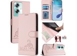 Custodia In Pelle Per Oneplus Nord N30 Se/Oppo A79 5G, Custodia Flip Dolce Gatto Con Funzione Di Stand E Portafoglio Rosa