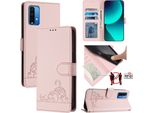 Custodia In Pelle Per Xiaomi Redmi Note 9 4G, Dolce Gatto Custodia Flip Con Funzione Stand E Portafoglio Rosa