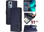 Custodia In Pelle Per Xiaomi 12 Pro/Xiaomi 12S Pro, Dolce Gatto Custodia Flip Con Funzione Stand E Portafoglio Blu