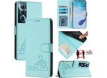 Custodia In Pelle Per Realme C65 4G, Dolce Gatto Custodia Flip Con Funzione Stand E Portafoglio Verde Chiaro
