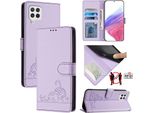 Custodia In Pelle Per Samsung Galaxy A22 4G, Dolce Gatto Custodia Flip Con Funzione Stand E Portafoglio Viola