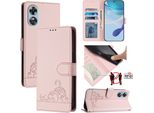 Custodia In Pelle Per Oppo A17 / A17K, Dolce Gatto Custodia Flip Con Funzione Stand E Portafoglio Rosa