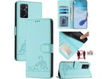Custodia In Pelle Per Oppo A36 / A76 / A96 4G, Dolce Gatto Flip Caso Con Funzione Di Stand E Portafoglio Verde Chiaro