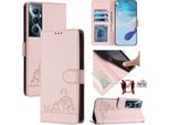 Custodia In Pelle Per Realme C65 4G, Dolce Gatto Custodia Flip Con Funzione Stand E Portafoglio Rosa