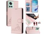 Custodia In Pelle Per Oneplus 10R/Oneplus Ace, Dolce Gatto Custodia Flip Con Funzione Stand E Portafoglio Rosa