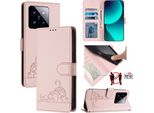 Custodia In Pelle Per Xiaomi 14 Pro, Dolce Gatto Custodia Flip Con Funzione Stand E Portafoglio Rosa