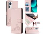 Custodia In Pelle Per Xiaomi 12/Xiaomi 12X/Xiaomi 12S, Dolce Gatto Flip Case Con Funzione Stand E Portafoglio Rosa