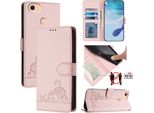Custodia In Pelle Per Oppo F17, Dolce Gatto Custodia Flip Con Funzione Stand E Portafoglio Rosa