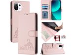 Custodia In Pelle Per Xiaomi 11 Lite 5G Ne/Mi 11 Lite/Mi 11 Lite 5G, Dolce Gatto Custodia Flip Con Funzione Stand E Portafoglio Rosa