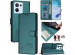 Custodia In Pelle Per Oppo Reno8, Dolce Gatto Custodia Flip Con Funzione Stand E Portafoglio Verde