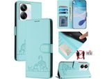 Custodia In Pelle Per Realme 10 Pro+, Dolce Gatto Custodia Flip Con Funzione Stand E Portafoglio Verde Chiaro
