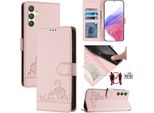 Custodia In Pelle Per Samsung Galaxy A24 4G, Dolce Gatto Custodia Flip Con Funzione Stand E Portafoglio Rosa