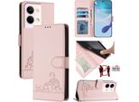 Custodia In Pelle Per Oppo Reno9 / Reno9 Pro, Dolce Gatto Custodia Flip Con Funzione Stand E Portafoglio Rosa