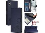 Custodia In Pelle Per Iphone X/Iphone Xs, Dolce Gatto Custodia Flip Con Funzione Stand E Portafoglio Blu