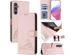 Custodia In Pelle Per Samsung Galaxy S23 Fe, Dolce Gatto Custodia Flip Con Funzione Stand E Portafoglio Rosa