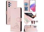 Custodia In Pelle Per Samsung Galaxy A32 5G/M32 5G, Dolce Gatto Custodia Flip Con Funzione Stand E Portafoglio Rosa