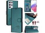 Custodia In Pelle Per Samsung Galaxy S21 Ultra 5G, Dolce Gatto Custodia Flip Con Funzione Stand E Portafoglio Verde