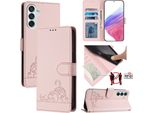 Custodia In Pelle Per Samsung Galaxy M15 5G/F15 5G, Dolce Gatto Custodia Flip Con Funzione Stand E Portafoglio Rosa