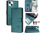 Custodia In Pelle Per Iphone 13 / Iphone 14, Dolce Gatto Custodia Flip Con Funzione Stand E Portafoglio Verde