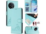 Custodia In Pelle Per Oneplus 11, Dolce Gatto Custodia Flip Con Funzione Stand E Portafoglio Verde Chiaro