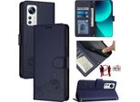 Custodia In Pelle Per Xiaomi 12/Xiaomi 12X/Xiaomi 12S, Dolce Gatto Flip Case Con Funzione Stand E Portafoglio Blu