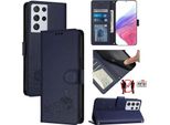 Custodia In Pelle Per Samsung Galaxy S21 Ultra 5G, Dolce Gatto Custodia Flip Con Funzione Stand E Portafoglio Blu