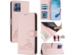Custodia In Pelle Per Motorola Moto G72, Dolce Gatto Custodia Flip Con Funzione Stand E Portafoglio Rosa