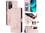 Custodia In Pelle Per Xiaomi Redmi 10, Dolce Gatto Custodia Flip Con Funzione Stand E Portafoglio Rosa