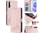 Custodia In Pelle Per Honor 20 /Honor 20 Pro, Dolce Gatto Custodia Flip Con Funzione Di Supporto E Portafoglio Rosa