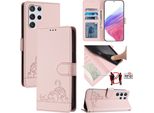 Custodia In Pelle Per Samsung Galaxy S22 Ultra 5G, Dolce Gatto Custodia Flip Con Funzione Stand E Portafoglio Rosa
