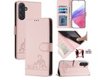 Custodia In Pelle Per Samsung Galaxy M55, Dolce Gatto Custodia Flip Con Funzione Stand E Portafoglio Rosa