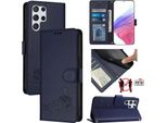 Custodia In Pelle Per Samsung Galaxy S22 Ultra 5G, Dolce Gatto Custodia Flip Con Funzione Stand E Portafoglio Blu