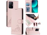Custodia In Pelle Per Xiaomi 11T/Xiaomi 11T Pro, Dolce Gatto Flip Case Con Funzione Stand E Portafoglio Rosa
